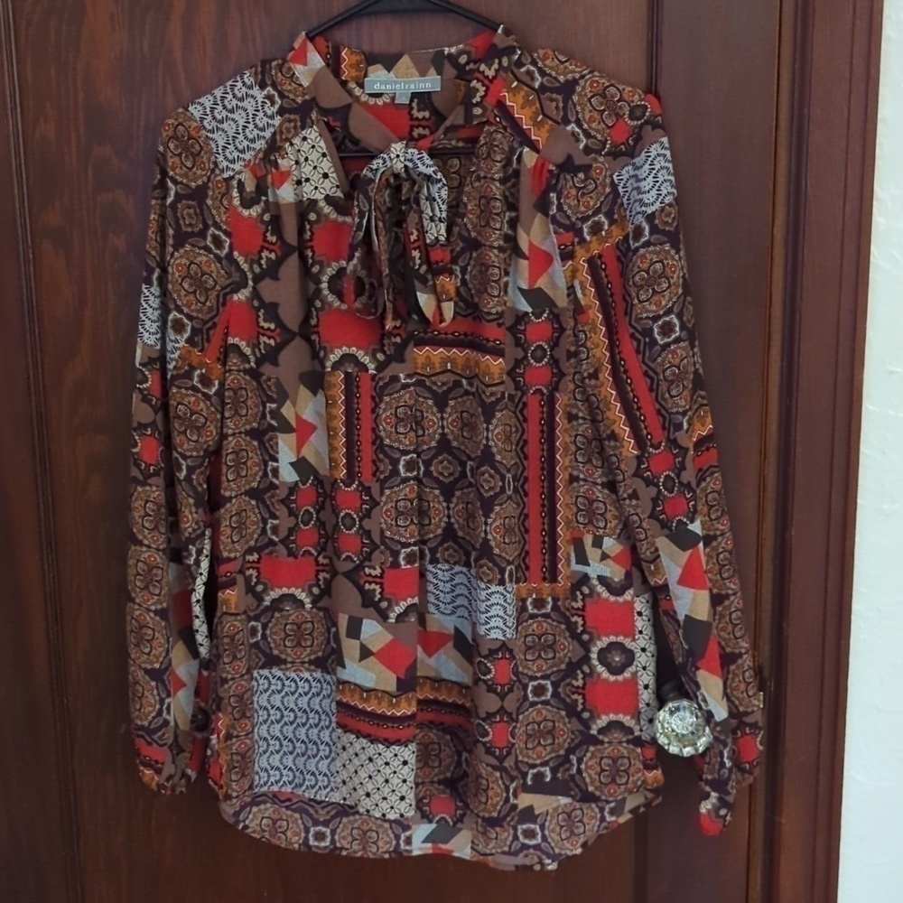 Daniel Rainn Brown Bohemian Patchwork Long Sleeve Blouse Size Medium